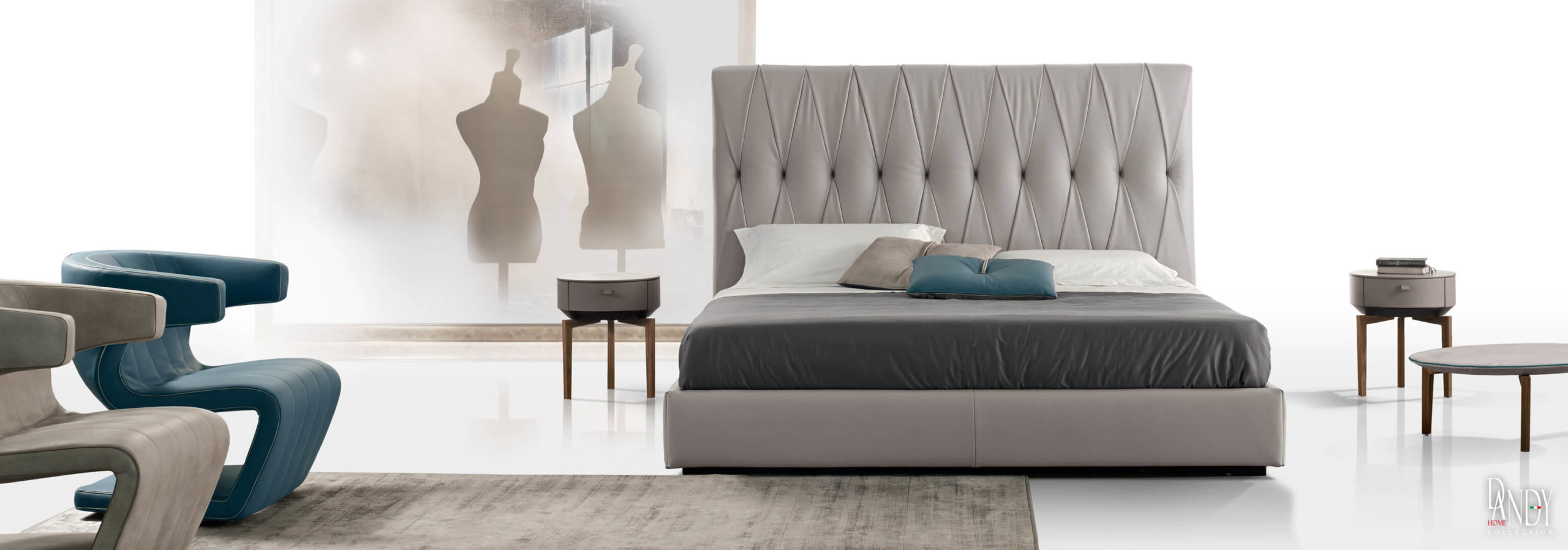 DandyHome_P132-133_Marlon_Night marlon bed gray leather bed with cross tufting in a room setting by gamma