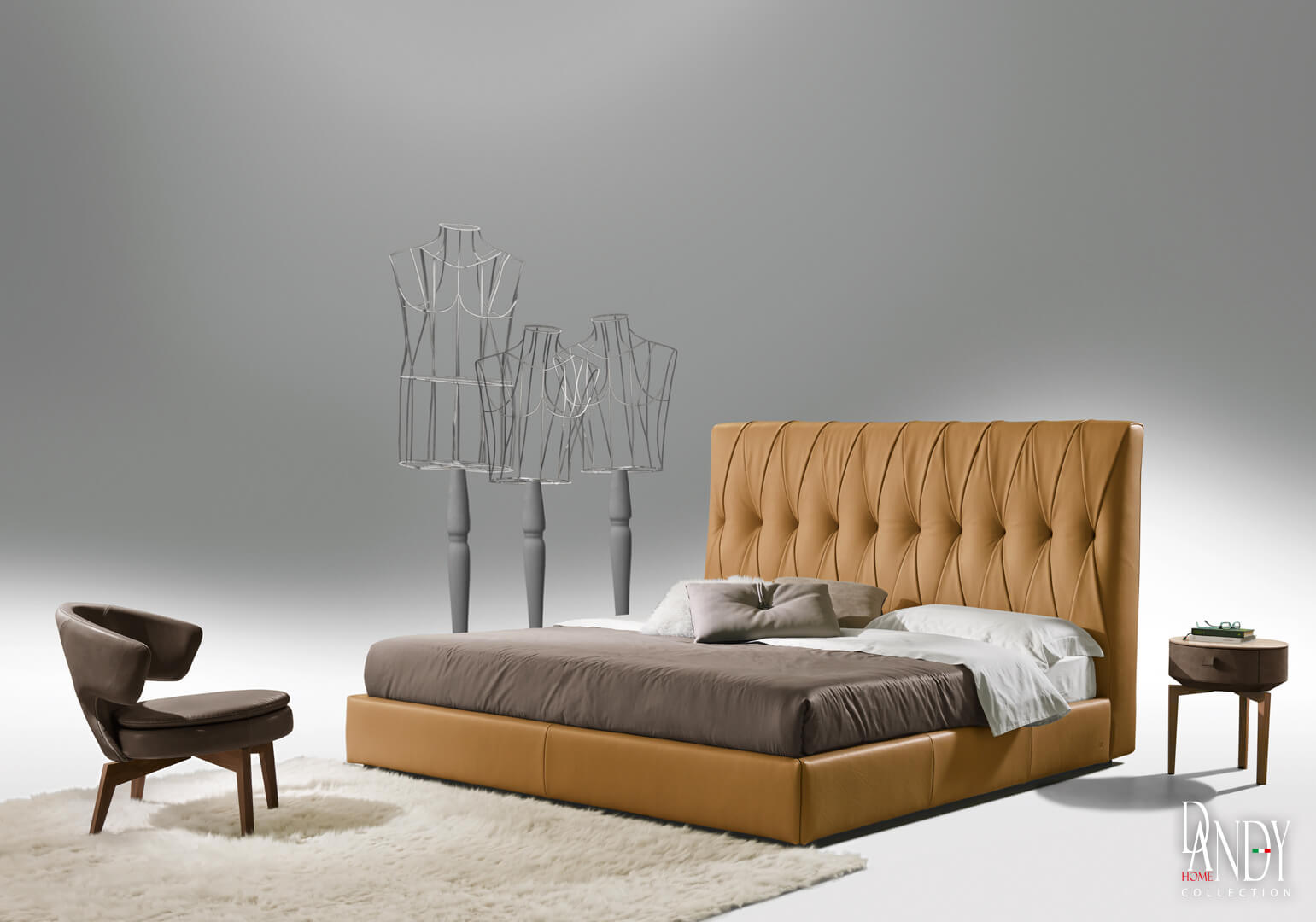 DandyHome_P135_Marlon_Night Marlon Bed rust leather bed with cross tufting in a contemporary room setting