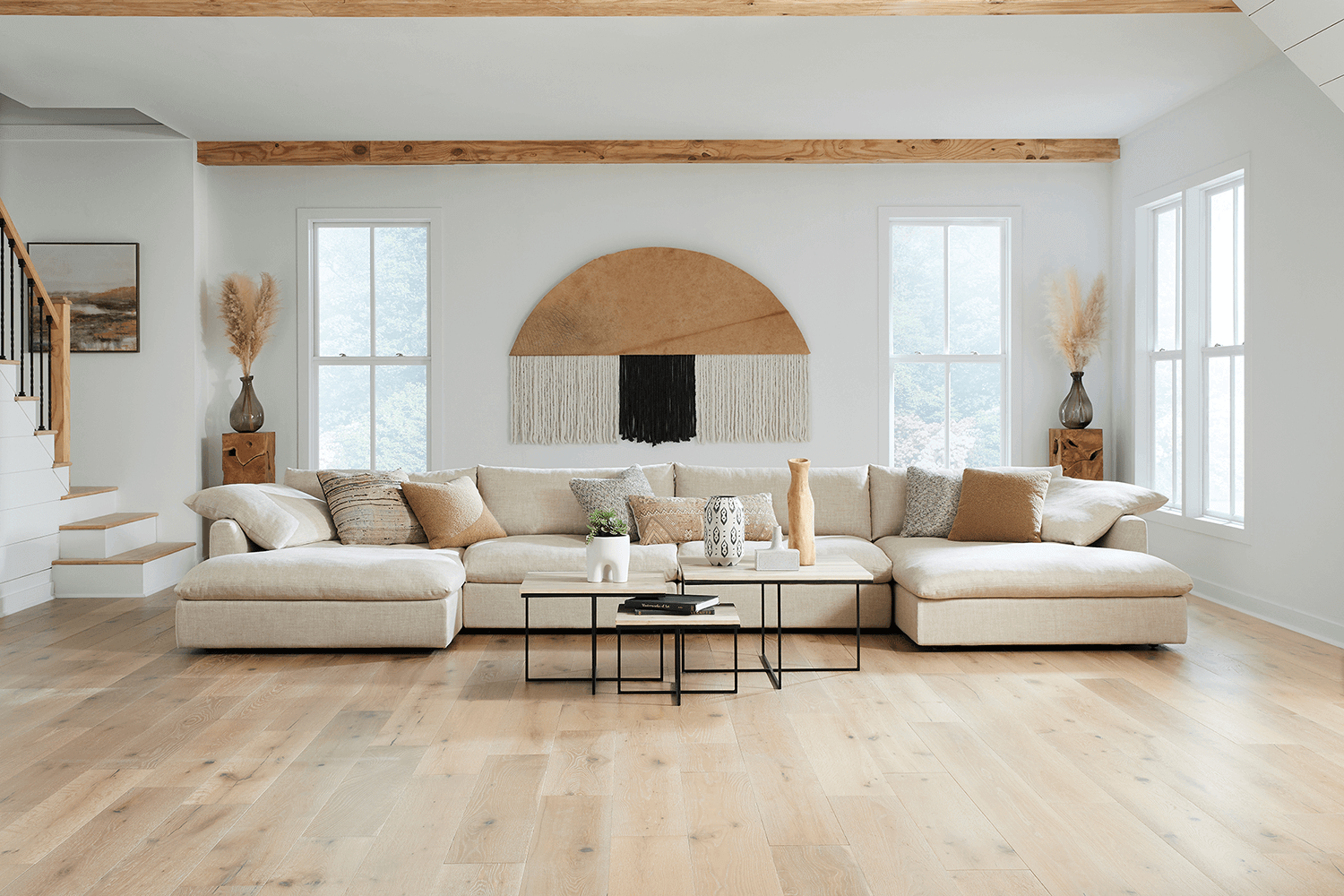 Espen_4pc_Sectional_Willow_Oatmeal_Lifestyle wide angel shot of beige modern sectional in neutral living room