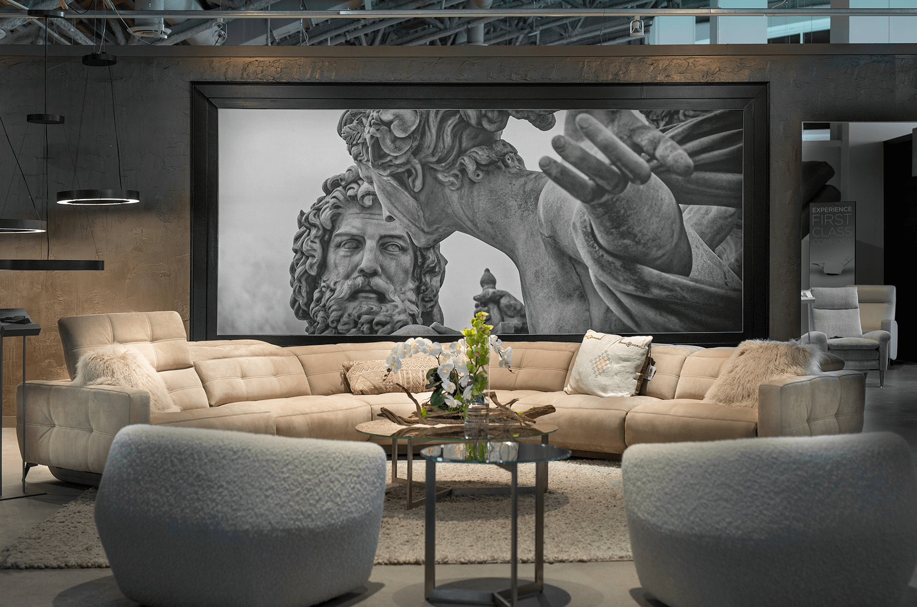 berger6 sectional setting with greek/roman style mural and two berger accent chairs