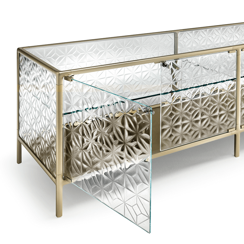 echo1 Fiam Italia's Echo buffet champagne trim and glass dining buffet product shot closeup with open door