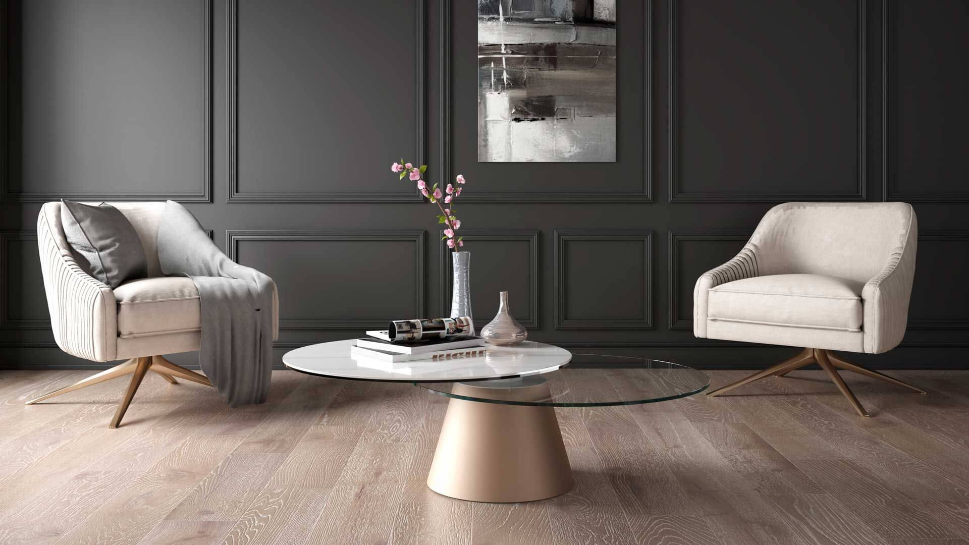 1-girotondo round two top coffee table in ceramic and glass combination in empty room.