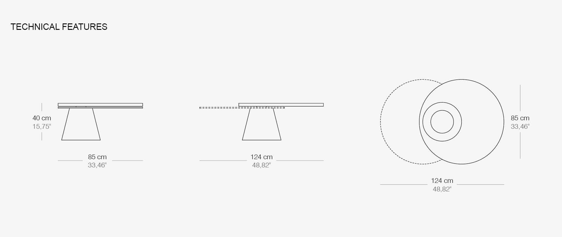 GIROTONDO round two top coffee table technical sheet with measurements