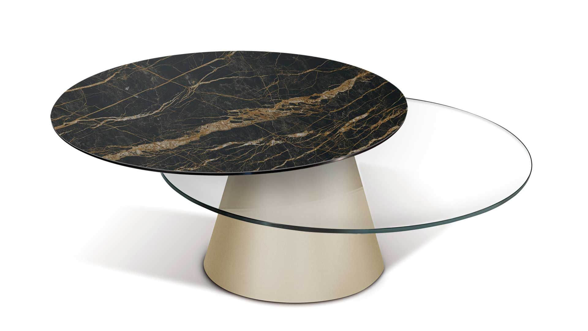 Girotondo-conf-31-crist-extrachiaro-black-desire round two top coffee table in ceramic and glass combination