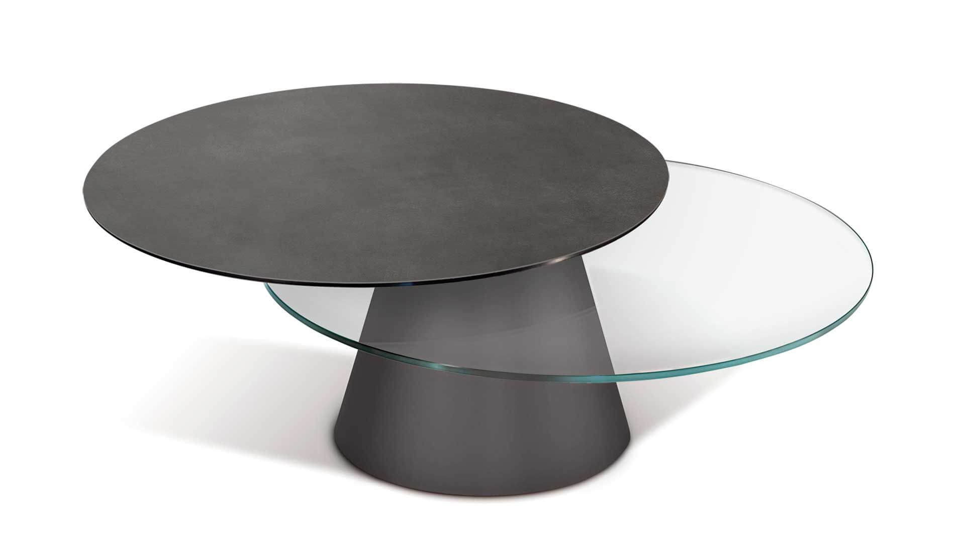 Girotondo-conf-5310-crist-nat-black-stone round two top coffee table in ceramic and glass combination