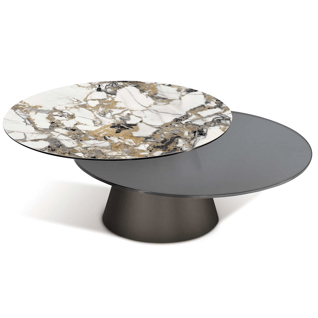giratondo round two top coffee table in ceramic and glass combination